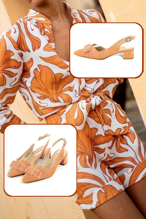 Women's marigold orange elegant slingback heels, with a bow on the front. Tapered toe. Low flare heels - Top view